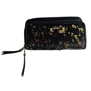 Juicy Couture Black Gold Sequin Wallet With Pink Interior Double Zipper Closure